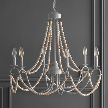 Rustica 27" Adjustable Greige Metal/Wood Bead LED Chandelier - JONATHAN Y